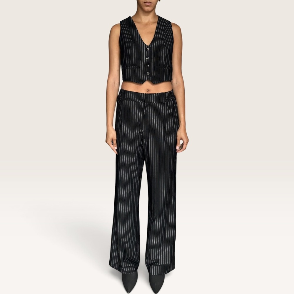 Noli Pinstripe Two Piece Set Cropped Vest Wide Leg Pants Black White Small